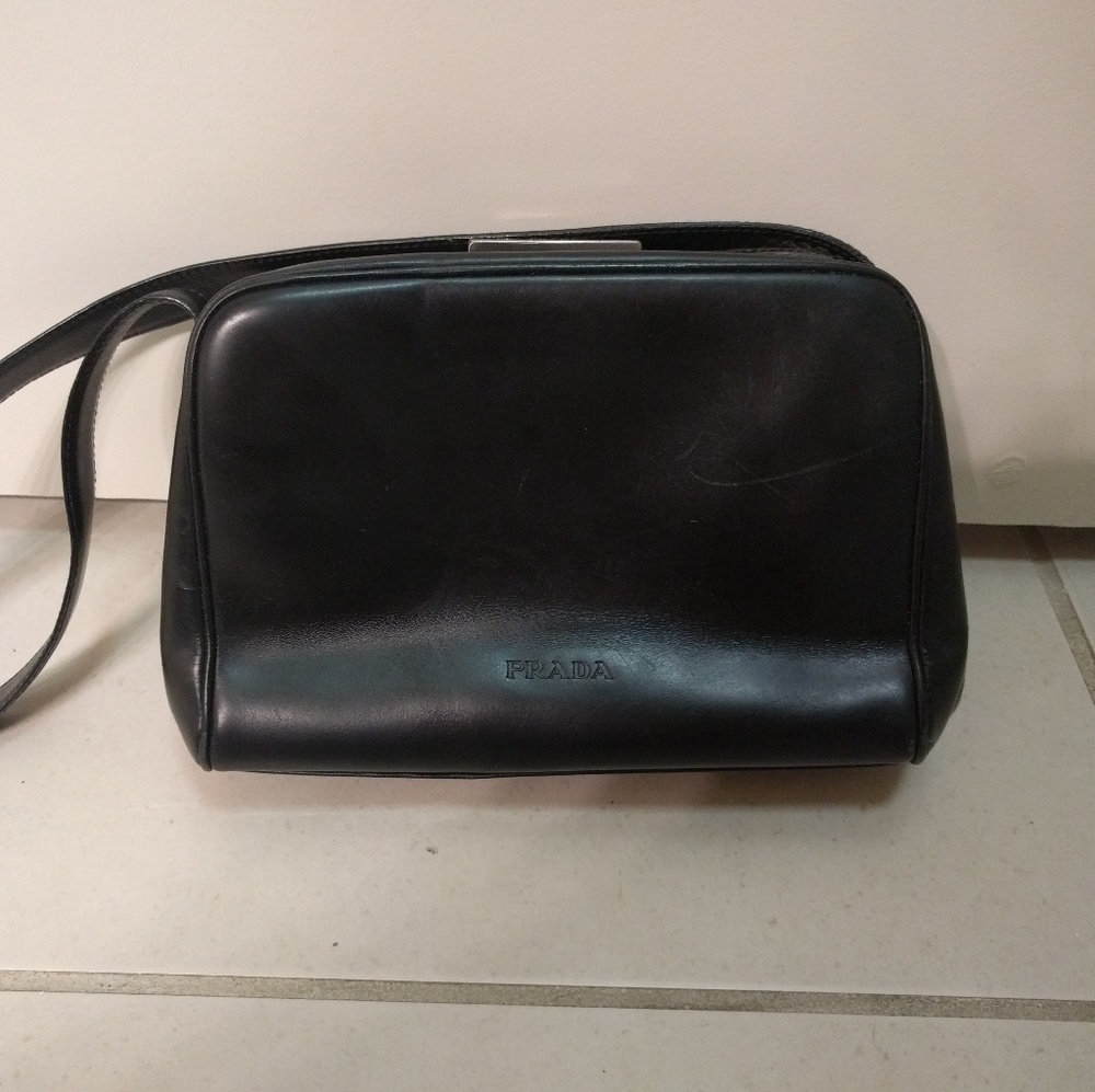 Black Leather Prada Frame Shoulder Bag